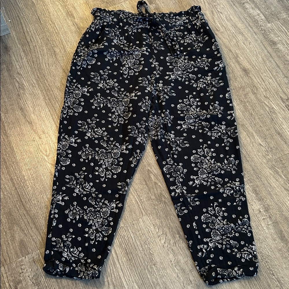 SO Navy Blue & White Floral Hippie Pants XL Elastic Waist Boho Tapered